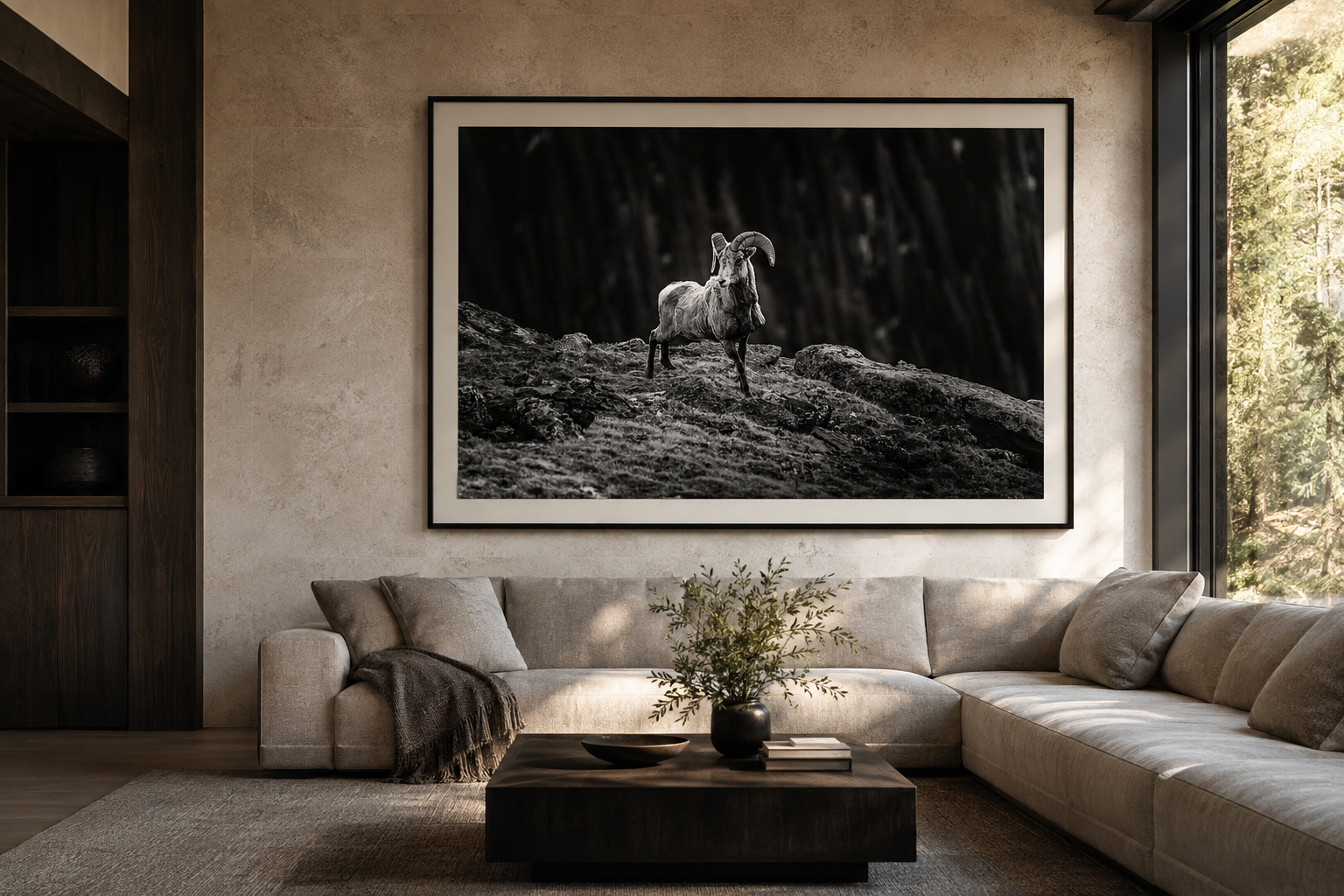 Large framed black-and-white Rocky Mountain bighorn ram photograph in a refined contemporary living room